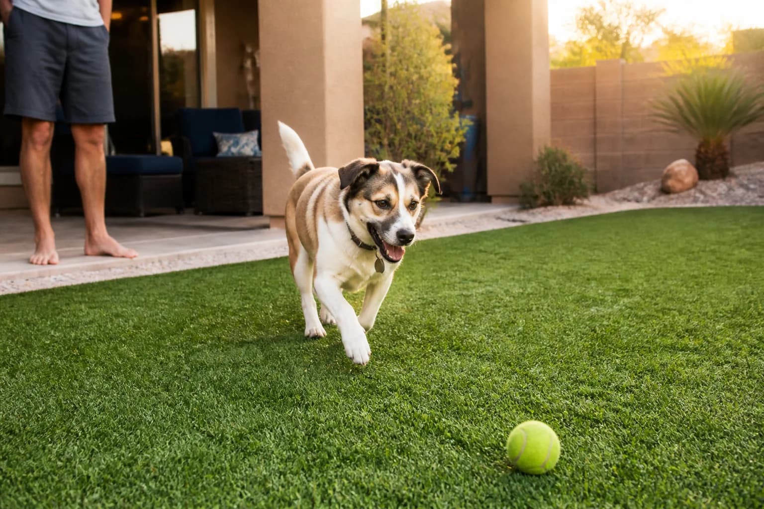 Dog playing on artificial turf in an Arizona backyard