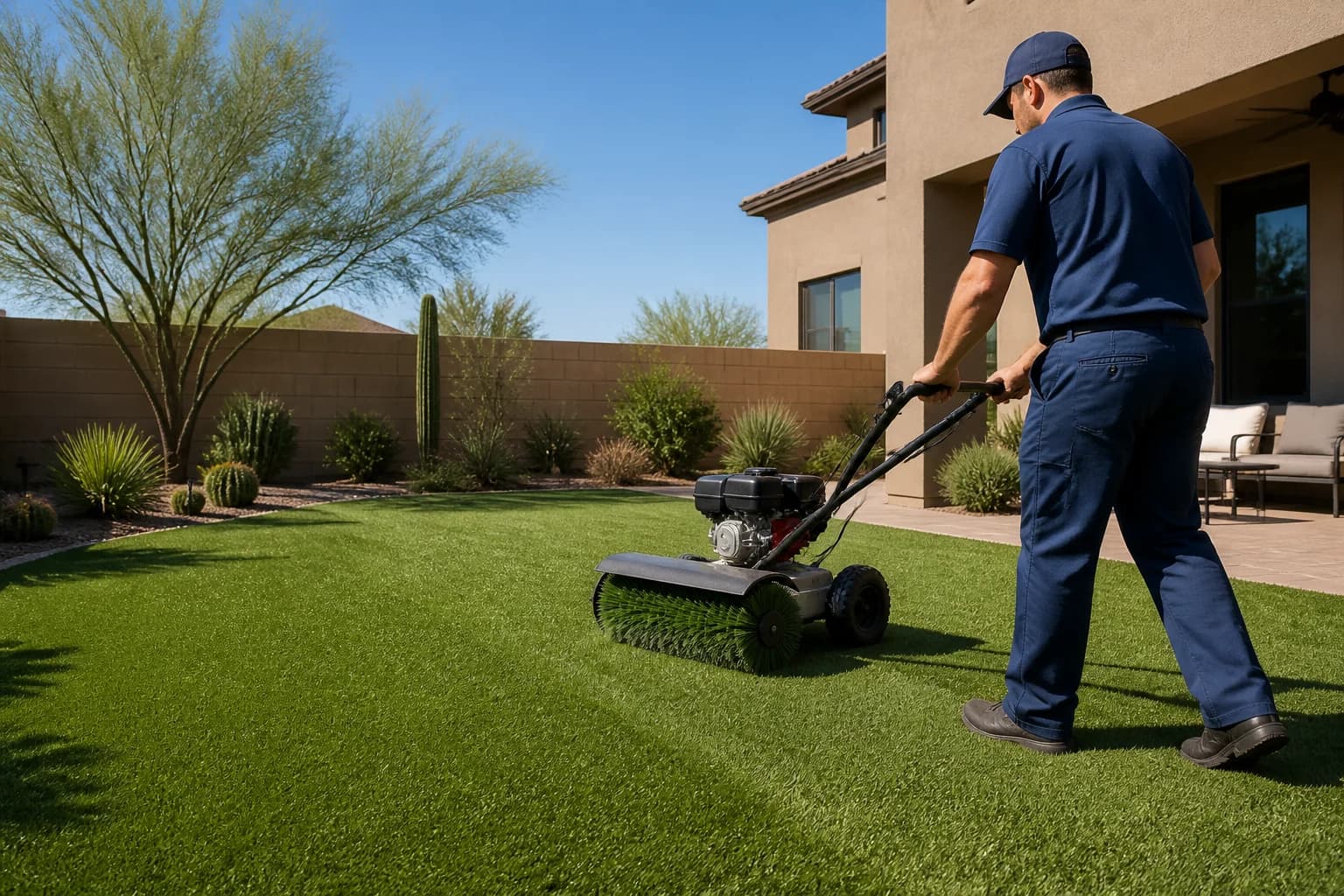 Turf-care technician grooming artificial grass in an Arizona backyard